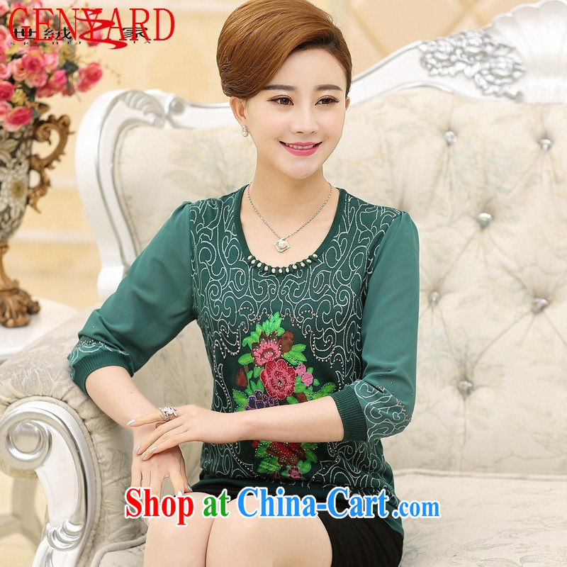 Qin Qing store 2015 middle-aged and older female spring embroidery t-shirt knit middle-aged 7 cuff spring and summer new mom with snow woven shirts dark blue XXXL, GENYARD, shopping on the Internet