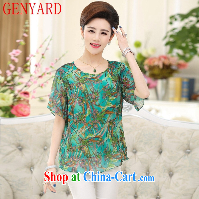 Qin Qing store 2015 summer New Silk short-sleeved T-shirt, older mothers with larger female stamp sauna silk short-sleeved T-shirt blue XXXL, GENYARD, shopping on the Internet