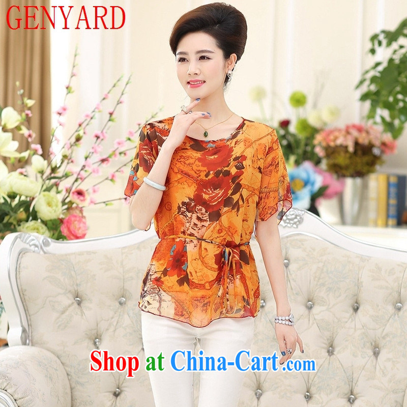 Qin Qing store 2015 summer silk short-sleeved round neck sauna silk stamp mother load in the summer older relaxed T shirt by red XXXL, GENYARD, shopping on the Internet