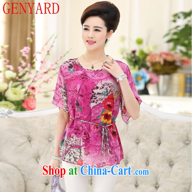 Qin Qing store 2015 summer silk short-sleeved round neck sauna silk stamp mother load in the summer older relaxed T shirt by red XXXL, GENYARD, shopping on the Internet