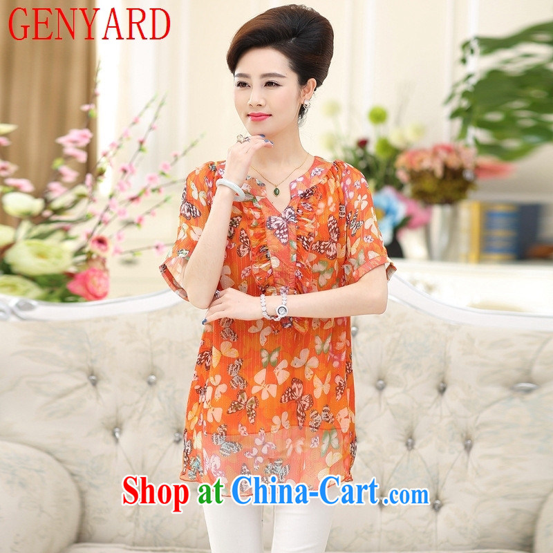 Qin Qing store 2015 spring and summer new, middle-aged and older female summer stamp duty middle-aged mother with silk sauna in silk cuff T pension Red Orange XXXL, GENYARD, shopping on the Internet
