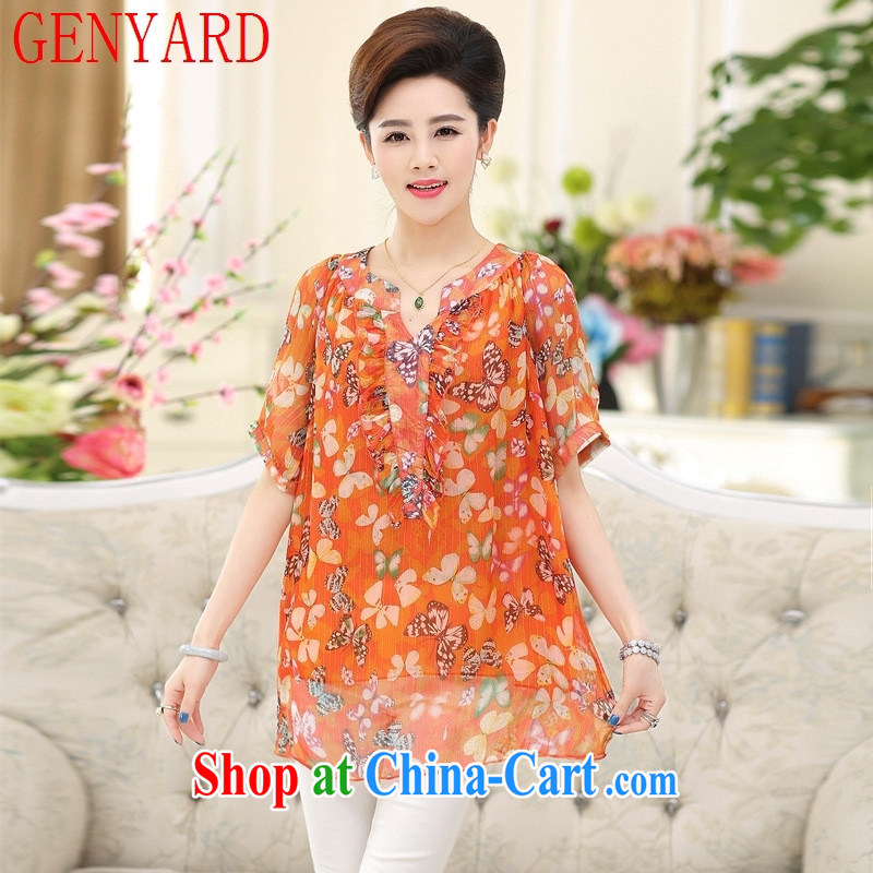 Qin Qing store 2015 spring and summer new, middle-aged and older female summer stamp duty middle-aged mother with silk sauna in silk cuff T pension Red Orange XXXL, GENYARD, shopping on the Internet