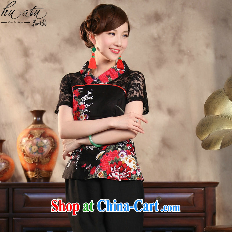 spend the summer with new Ethnic Wind and stylish improvements, the Commission cotton lace hand-painted large, short-sleeved Chinese T-shirt peony flower 4 XL, spend figure, shopping on the Internet