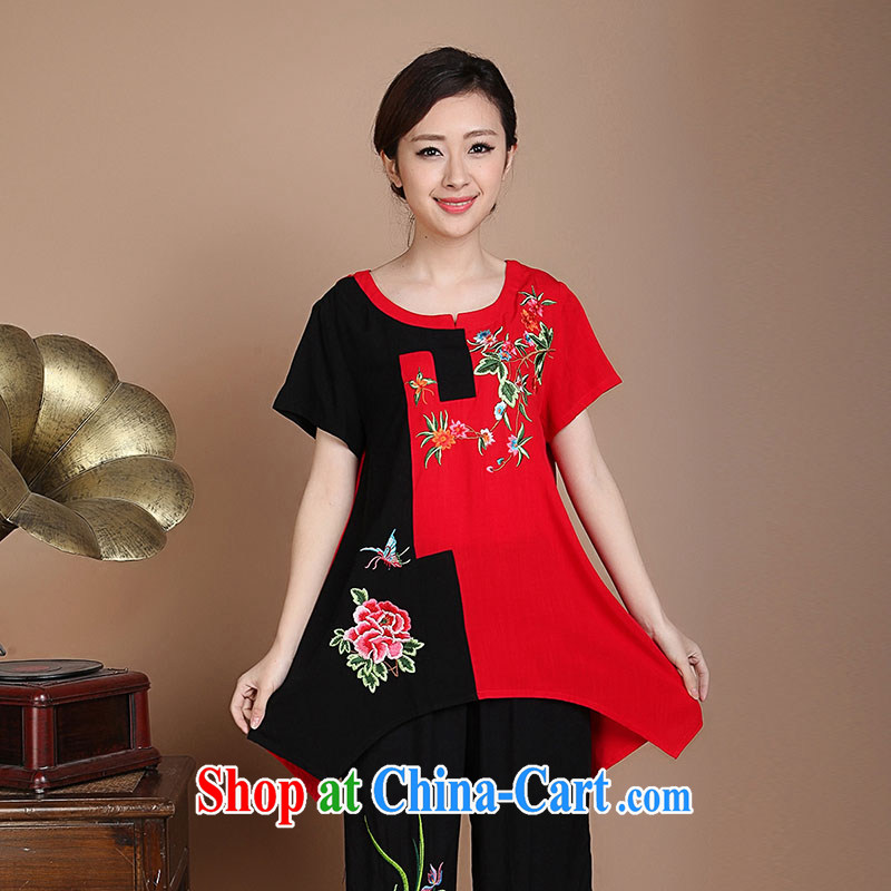 Nest, summer 2015 new middle-aged and older people, the code units the embroidery stitching short-sleeved T shirt female Red XL