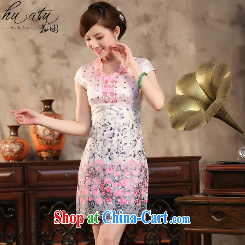 spend the summer with new, improved Chinese qipao elegant lace collar Chinese cotton short cheongsam banquet dress pink 2 XL, spend, and, shopping on the Internet