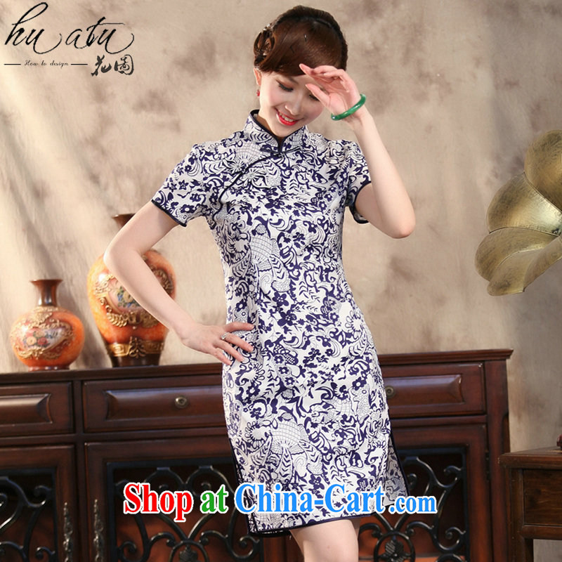 Take the new girls dresses summer Chinese Antique prettier blue and white porcelain Chinese improved goldfish snap short qipao Cheong Wa Dae LAN 3 XL, spend figure, shopping on the Internet