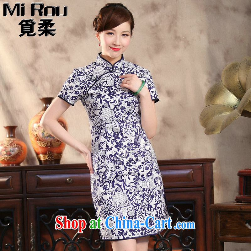 Find Sophie new female dresses summer Chinese Antique prettier blue and white porcelain Chinese improved goldfish snap short qipao Cheong Wa Dae LAN 3 XL