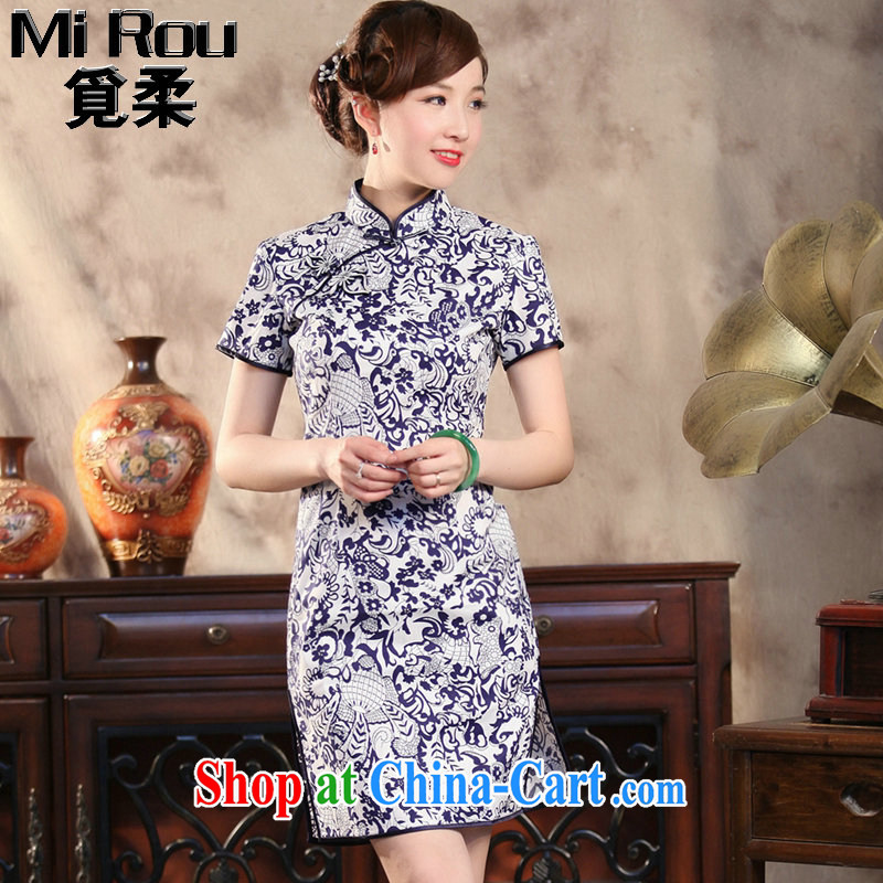 Find Sophie new female dresses summer Chinese Antique prettier blue and white porcelain Chinese improved goldfish snap short qipao Cheong Wa Dae LAN 3 XL, flexible employment, shopping on the Internet