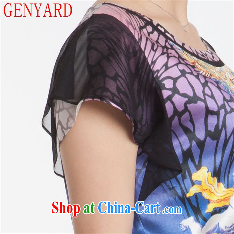Qin Qing store new, Mr Ronald ARCULLI, the old silk dress short-sleeve shirt T silk stretch Satin female fine stamp T-shirt blue XXXL, GENYARD, online shopping