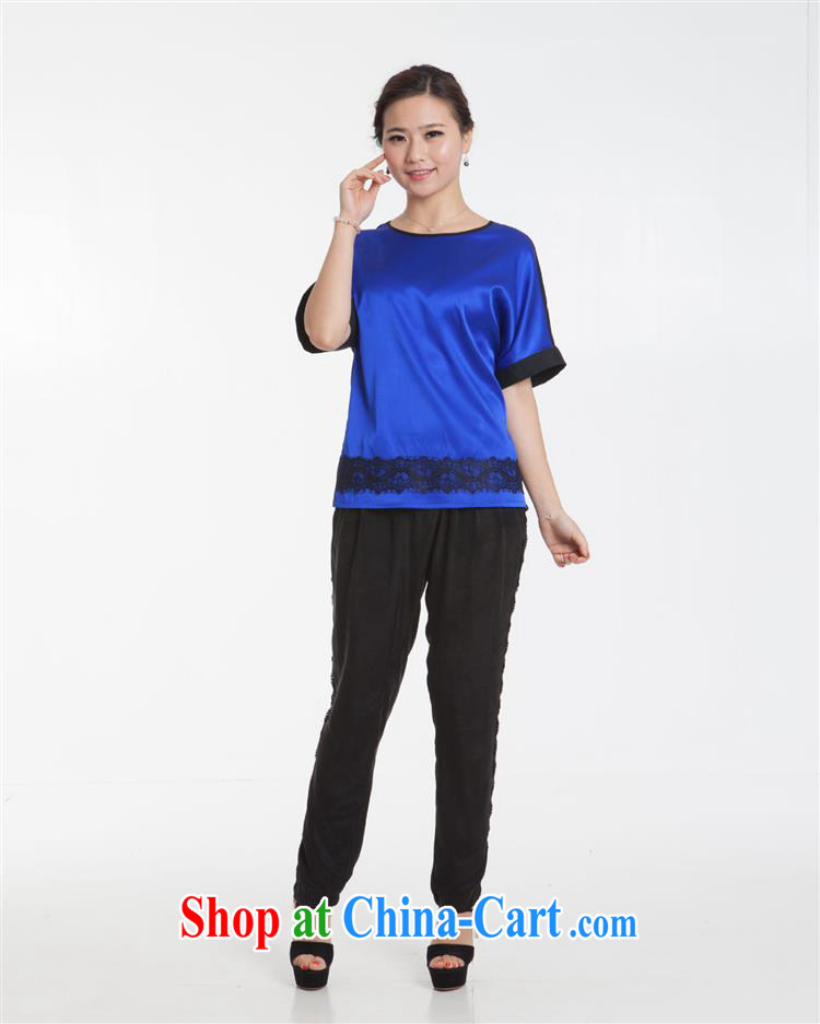 Qin Qing store new, middle-aged mother silk blouses stitching in T cuff shirt silk stretch Satin loose-edition T-shirt blue XXXL pictures, price, brand platters! Elections are good character, the national distribution, so why buy now enjoy more preferential! Health