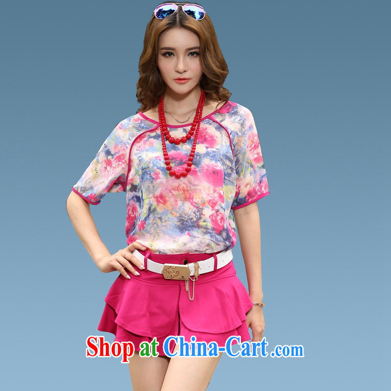 Ya-ting store 89,693 summer stamp Korean sweet career aura sense of round-collar short-sleeve pants and skirts violet red minimalist red L, blue rain bow, and, on-line shopping