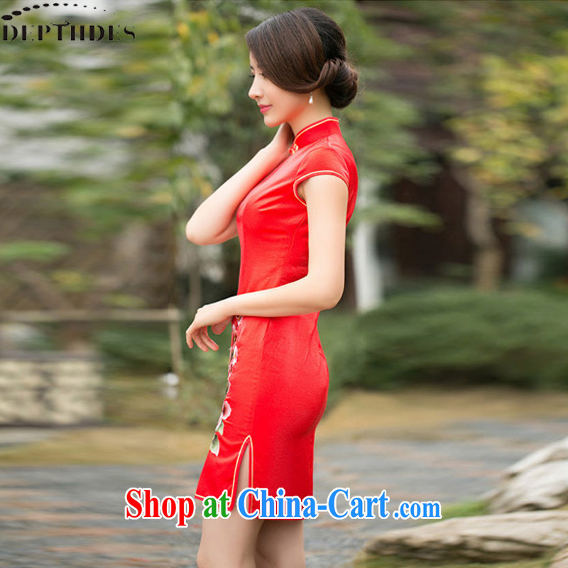 2015 DEPTHDES new women with bows Service Bridal wedding dress summer stylish improved embroidered graphics thin daily cheongsam dress short red XXL, DEPTHDES, shopping on the Internet