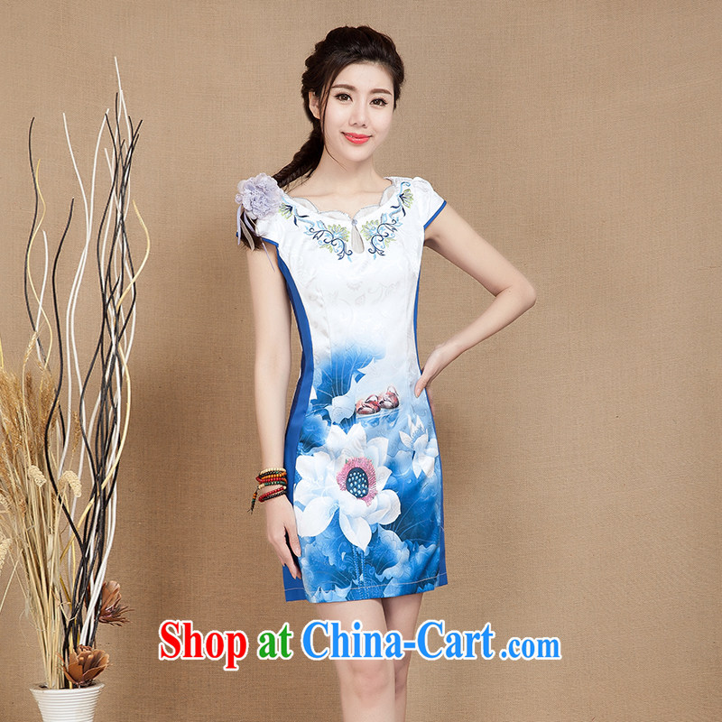 Water spirit seed 2015 new summer daily improved cheongsam dress stylish short embroidered girl cheongsam dress blue XXL