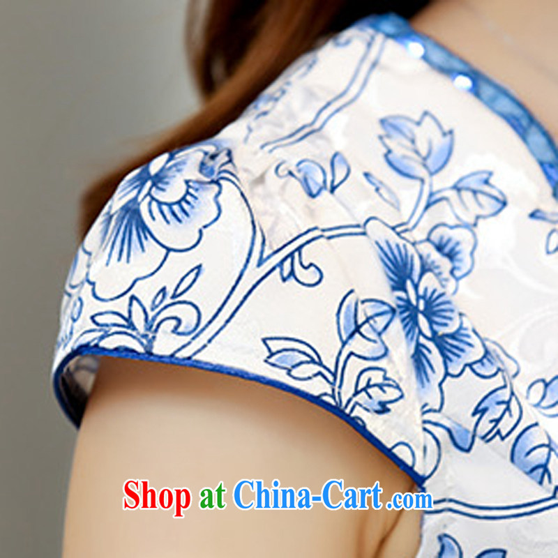 Blues, qipao dresses 2015 spring and summer new stamp duty cultivating China wind short-sleeved dresses cheongsam white XXL, blues, poetry, shopping on the Internet