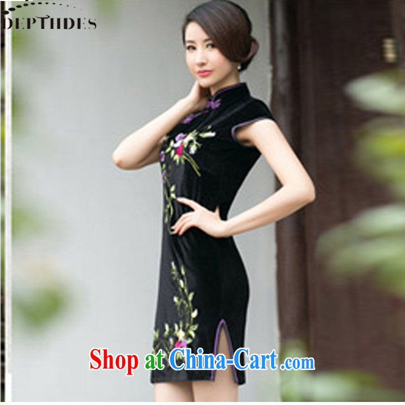 DEPTHDES 2015 new women's clothing cheongsam dress autumn and the modern-day retro embroidered beauty and elegant velvet cheongsam dress dresses short, female black XXL, DEPTHDES, shopping on the Internet