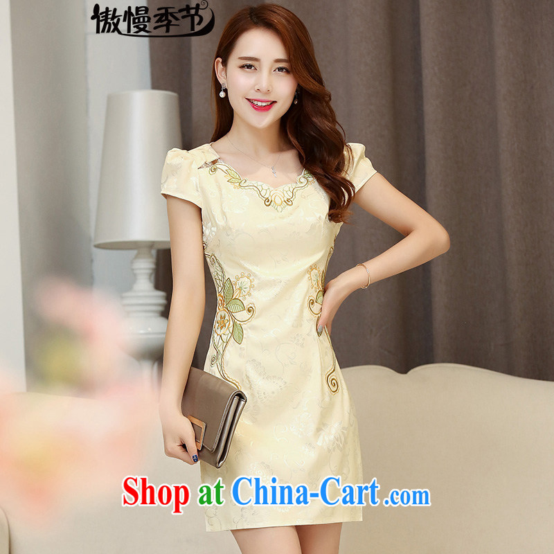 Arrogant season summer 2015 new women daily improved short cheongsam with stamp duty retro lady package and cultivating dresses apricot XXL