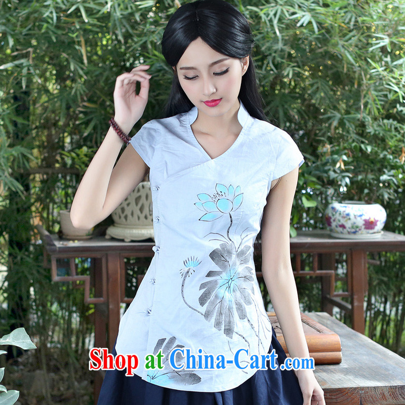 China classic original hand-painted cotton the Tang with Ms. summer national costumes short-sleeve T-shirt improved, served tea service blue XXL, China Classic (HUAZUJINGDIAN), online shopping