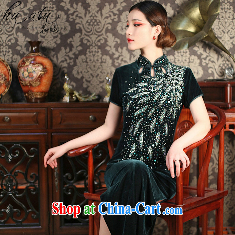 Take the longer Old Shanghai Korea improved long cheongsam dress Chinese manual pearl-embroidered velvet dinner long robes dark green 2 XL, figure, shopping on the Internet