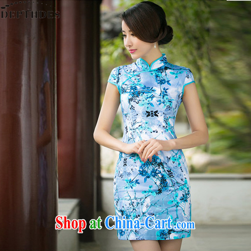 2015 summer new stylish Ethnic Wind Maple Leaf jacquard cotton retro improved short video thin cheongsam dress dresses girls light blue XXL, DEPTHDES, shopping on the Internet