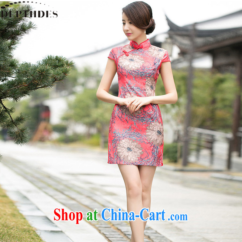 2015 summer new stylish daily peony flowers Ethnic Wind jacquard cotton retro improved short video thin cheongsam dress dresses girls picture color XXL, DEPTHDES, shopping on the Internet