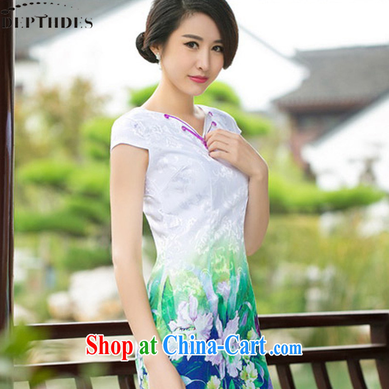 2015 summer new stylish daily digital poster retro elegance beauty improved butterfly V collar short cheongsam dress dress girl picture color XXL
