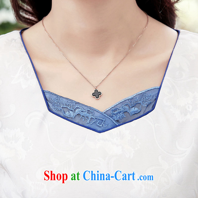 Mrs M land 2015 summer New Style stamp cheongsam beauty graphics thin back zipper white blue flower XXL, Mrs M land (SHUMILIAN), online shopping