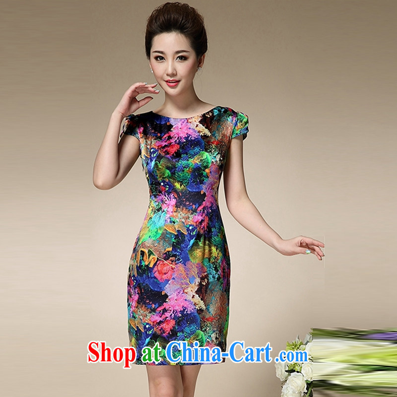Oh, the 2015 summer new stamp duty round-collar short-sleeve mom with dresses beauty charm antique dresses blue stamp XXXL, oh, blogs, shopping on the Internet
