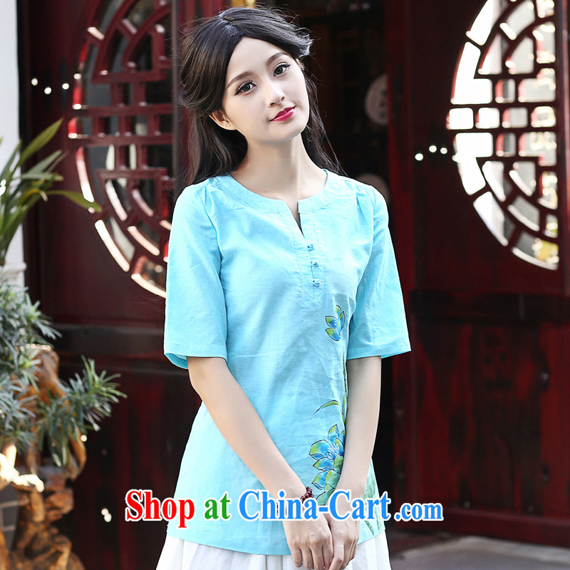 China classic original, female, small fresh Chinese, summer T-shirt shirt, served the Commission cotton hand-painted art Lake blue XL, China Classic (HUAZUJINGDIAN), online shopping
