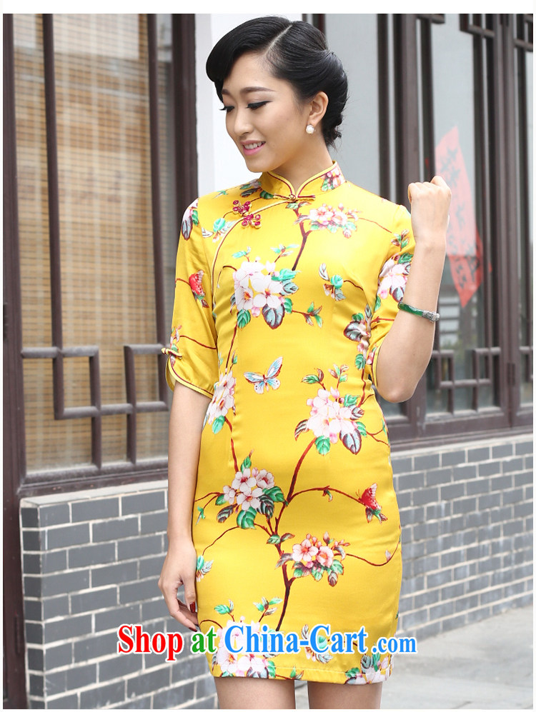 Factory 2015 new summer short, improved stylish Silk Cheongsam dress silk short-sleeved girls dresses in yellow cuff XXL pictures, price, brand platters! Elections are good character, the national distribution, so why buy now enjoy more preferential! Health