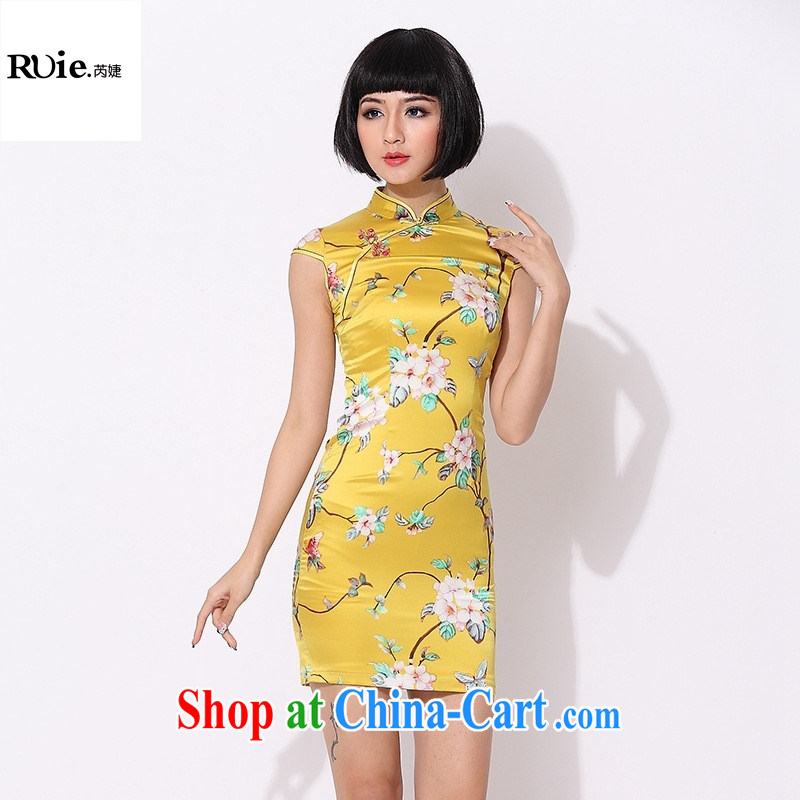 Factory 2015 new summer short, improved stylish Silk Cheongsam dress silk short-sleeved girls dresses in yellow cuff XXL, health concerns (Rvie .), and, on-line shopping