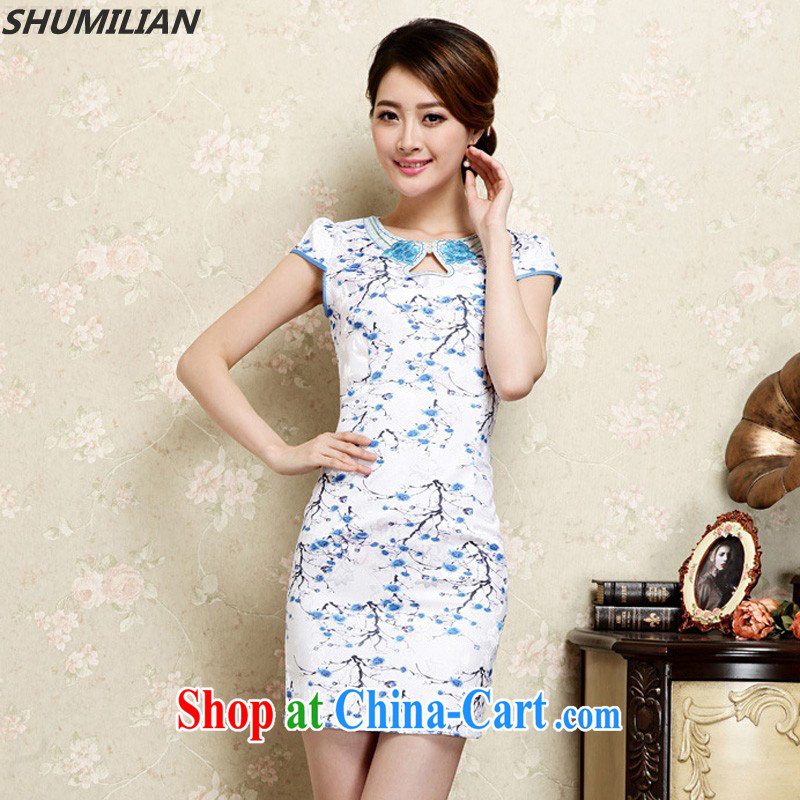 Mrs M, summer 2015 with new stylish personalized embroidered round neck jacquard style cheongsam light blue XL, Mrs M land (SHUMILIAN), shopping on the Internet
