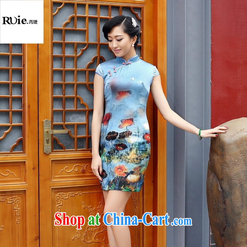 Mu Lan charm 2015 spring new heavy silk stamp sauna Silk Cheongsam-yi 8076 blue XXL, health concerns (Rvie .), and, on-line shopping