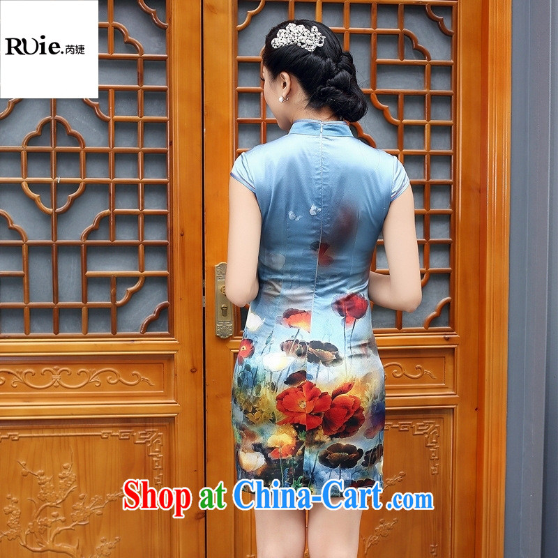 Mu Lan charm 2015 spring new heavy silk stamp sauna Silk Cheongsam-yi 8076 blue XXL, health concerns (Rvie .), and, on-line shopping