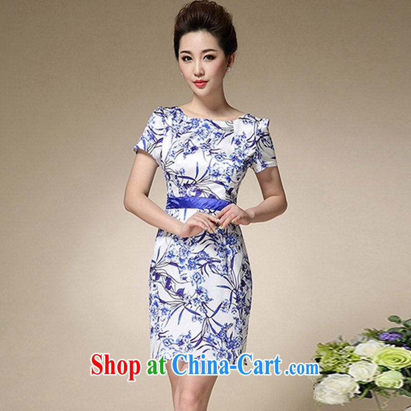 Oh, the 2015 summer beauty skirt dresses female blue and white porcelain stamp collection waist graphics thin mother with further than short-sleeved skirt blue XXXL, oh, blogs, shopping on the Internet
