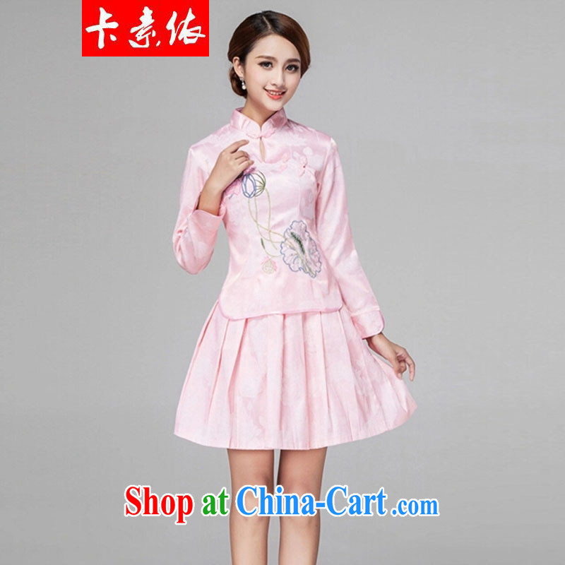 Card in accordance with our 2015 spring and summer female new beauty routine retro long-sleeved improved cheongsam stylish two-piece with pink short-sleeved S, pixel (kasuyi), online shopping