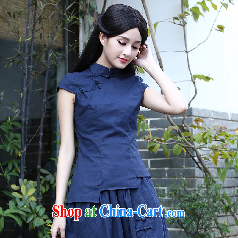 china korea Classic Ladies summer wear national costumes Tang is a solid color cotton Ma T-shirt retro art daily shirt dark blue XL
