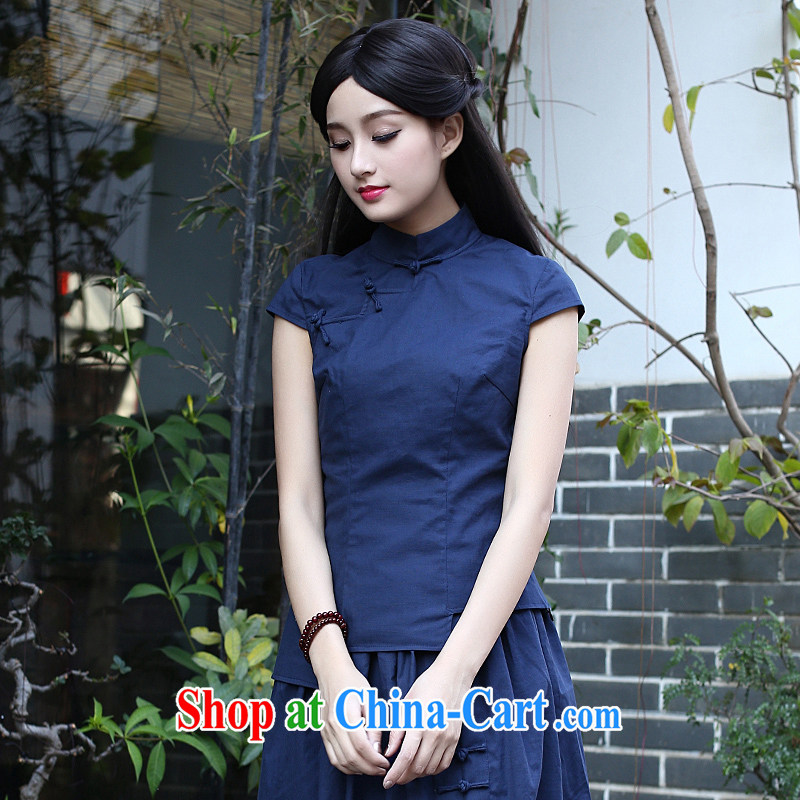 china korea Classic Ladies' summer wear national costumes Tang is a solid color cotton Ma T-shirt retro art daily shirt dark blue XL, China Classic (HUAZUJINGDIAN), online shopping