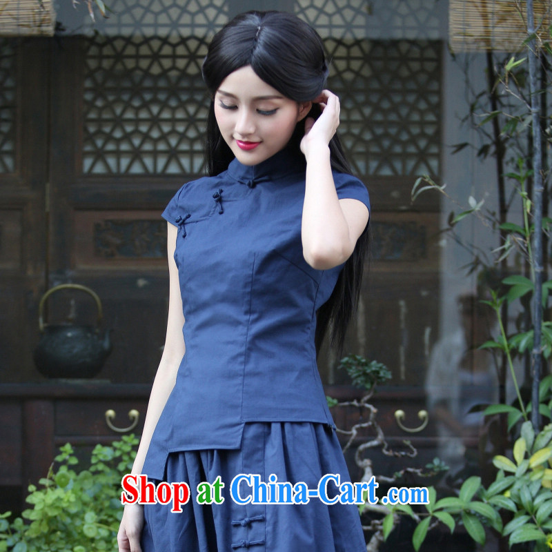 china korea Classic Ladies' summer wear national costumes Tang is a solid color cotton Ma T-shirt retro art daily shirt dark blue XL, China Classic (HUAZUJINGDIAN), online shopping