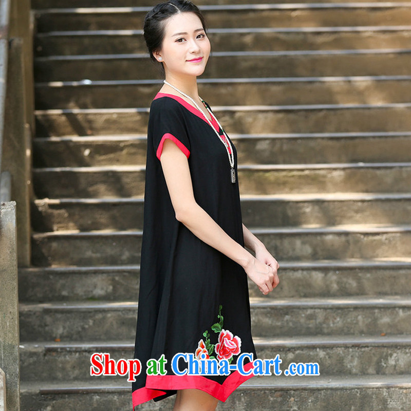 2015 summer edition korea leisure loose V collar short-sleeve embroidery Chinese style dress black XL, charm and Asia Pattaya (Charm Bali), online shopping
