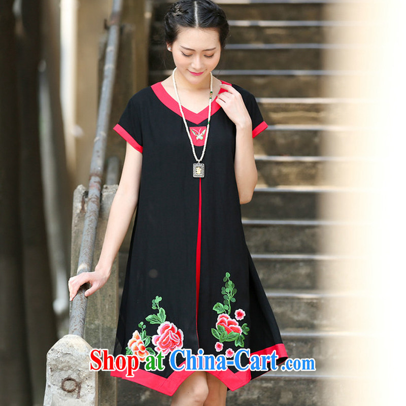 2015 summer edition korea leisure loose V collar short-sleeve embroidery Chinese style dress black XL, charm and Asia Pattaya (Charm Bali), online shopping