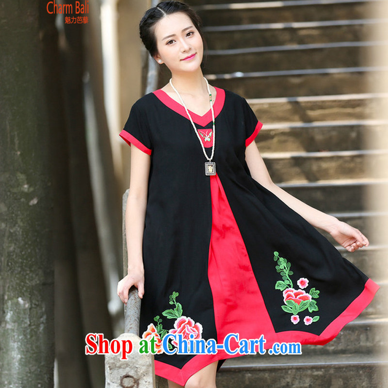 2015 summer edition korea leisure loose V collar short-sleeve embroidery Chinese style dress black XL