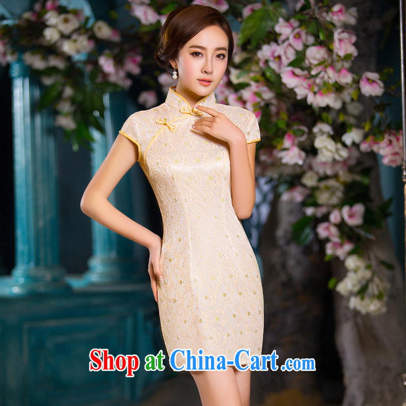 shez & live 2015 spring and summer fashion improved cultivating cheongsam dress lace and elegant beauty daily maximum code female cheongsam dress dress gold accents blue XXL, Shez & live, online shopping