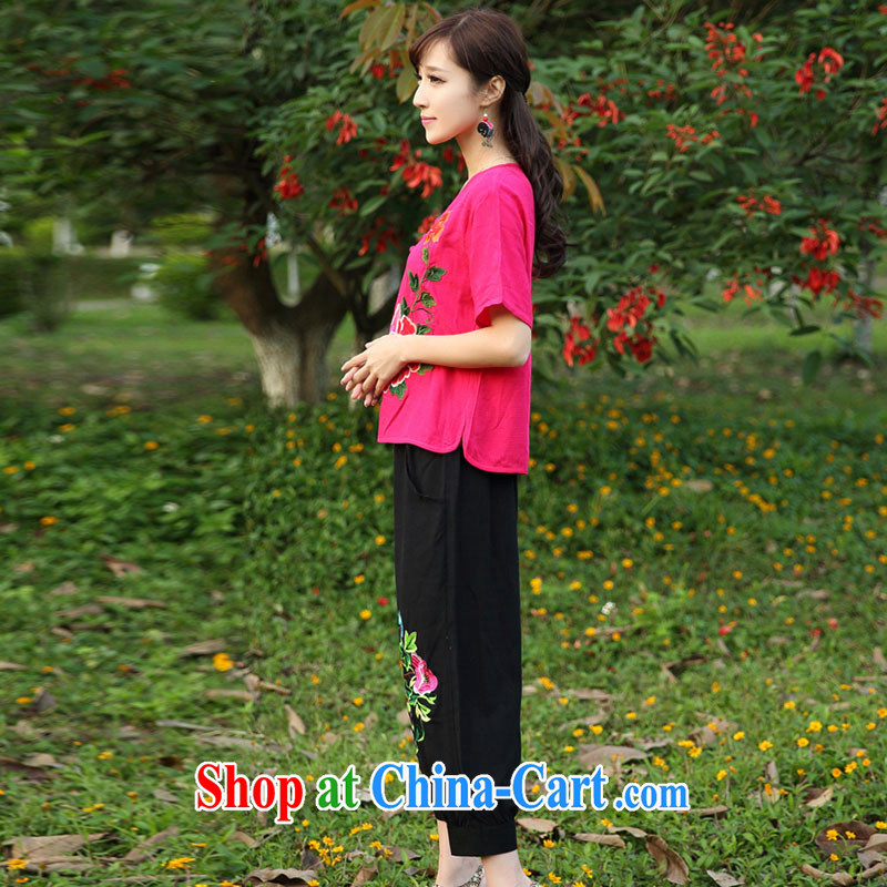 The acajou (2015 new summer Ethnic Wind linen embroidered cheongsam leisure two sets of 223 red T-shirt and black trousers, code, core, and shopping on the Internet