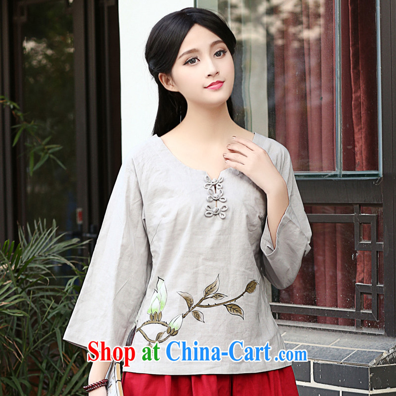 China classic original hand-painted Chinese style Chinese female summer Chinese literary and artistic temperament daily improved cotton Ma T-shirt light gray XXL, China Classic (HUAZUJINGDIAN), online shopping
