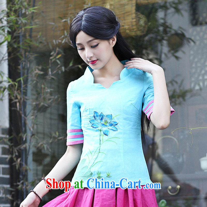 China classic improved Chinese culture and arts, daily summer original hand-painted cotton Ma T-shirt Han-shirt T New Products blue XXL, China Classic (HUAZUJINGDIAN), online shopping