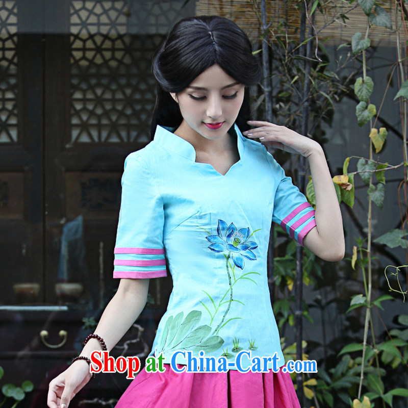 China classic improved Chinese culture and arts, daily summer original hand-painted cotton Ma T-shirt Han-shirt T New Products blue XXL, China Classic (HUAZUJINGDIAN), online shopping