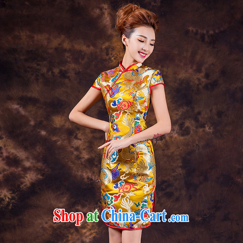 2015 spring and summer new, short dresses, improved gold cheongsam Chinese bows clothes robes of the Dragon dress uniforms wedding gold will be set to Do not return does not change, love, in accordance with China, shopping on the Internet