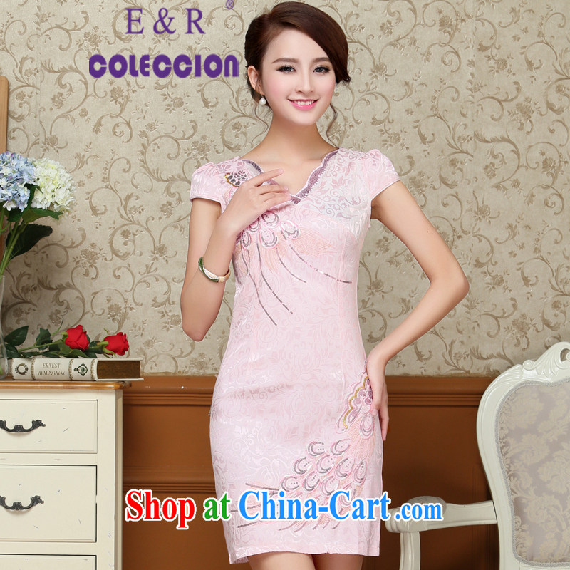Chinese refined and stylish beauty cheongsam dress Peacock feather embroidered short cheongsam pink XXL
