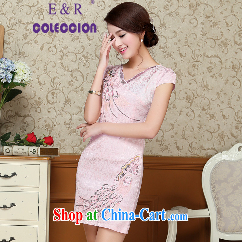 Chinese refined and stylish beauty cheongsam dress Peacock feather embroidered short cheongsam pink XXL, E &R COLECCION, shopping on the Internet