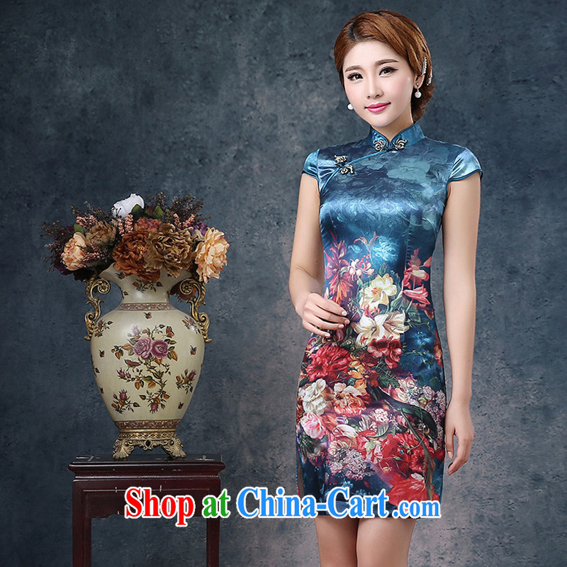 2015 spring and summer new cheongsam dress retro short sleeved silk sexy beauty short, improved day-flower cheongsam red XXL, love, in accordance with China, shopping on the Internet